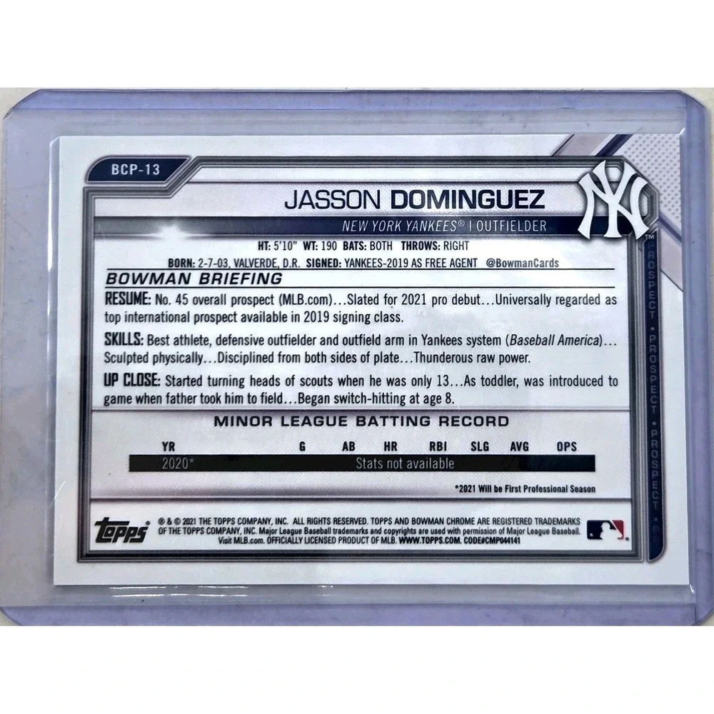 2021 Bowman - Chrome Prospects Jasson Dominguez #BCP-13 Blue Shimmer #/150